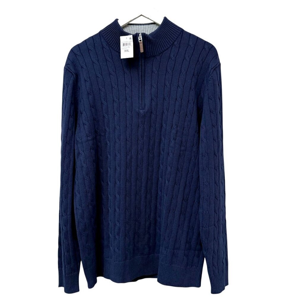 Club Room Mens 1/4 Zip Sweater XXL Navy Blue Pullover Cotton Blend Cable Knit NW